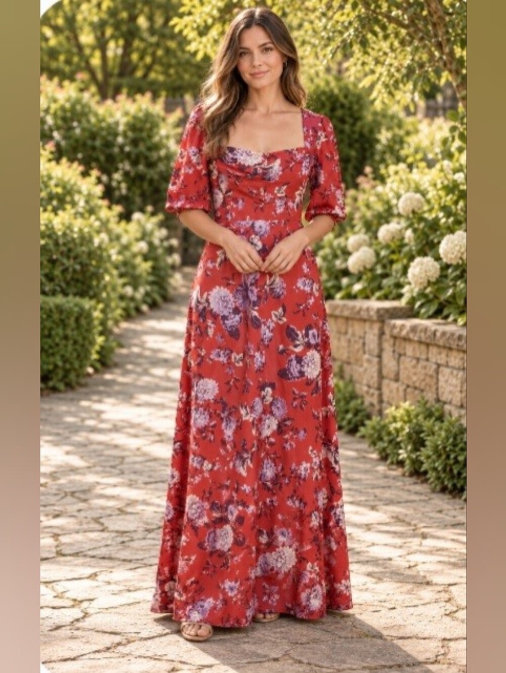 Maeve Coral-Red Floral Square Neck Maxi Dress